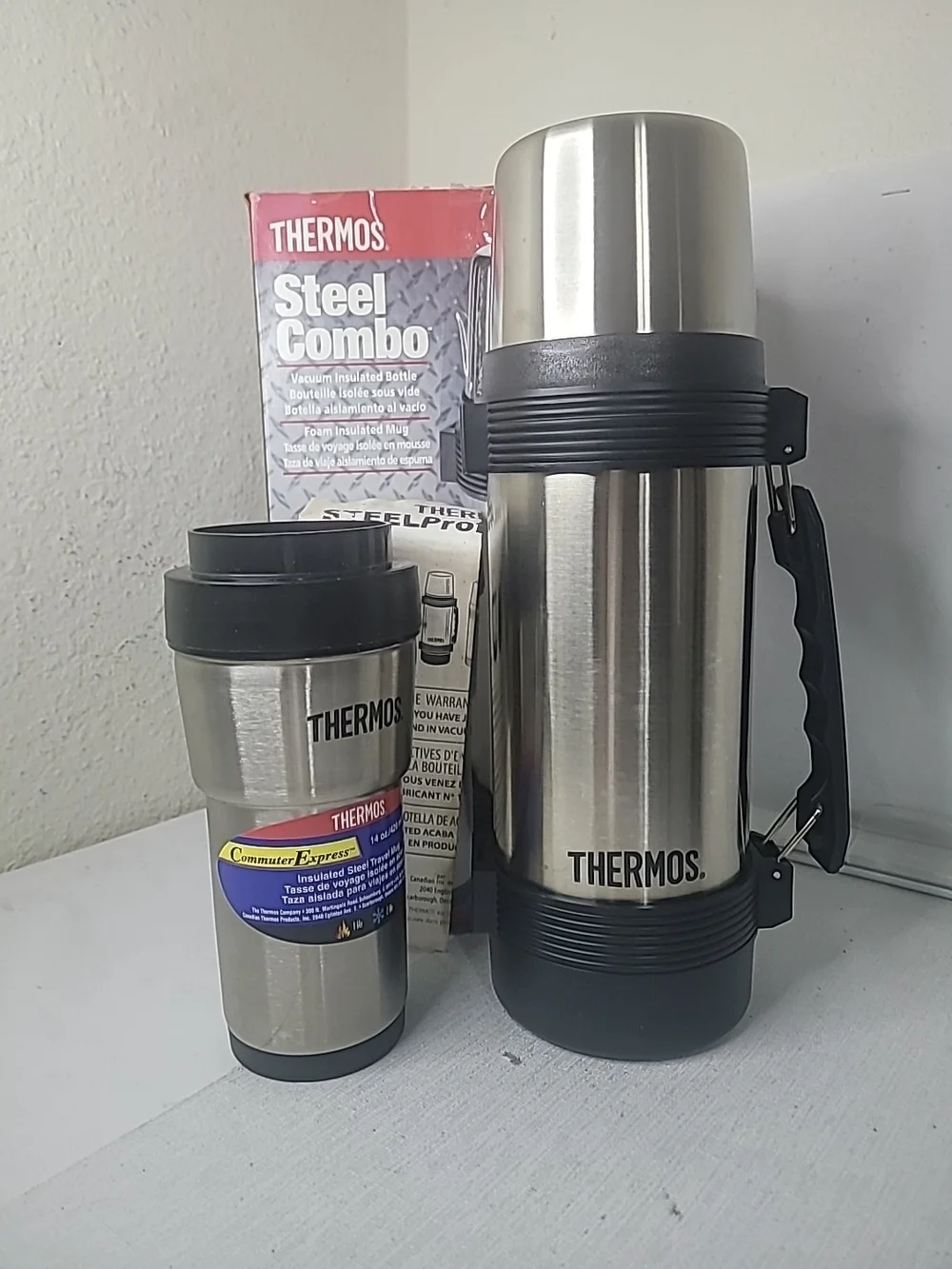 Vtg Thermos Stainless Steel Vacuum Insulated Bottle - Red and Silver